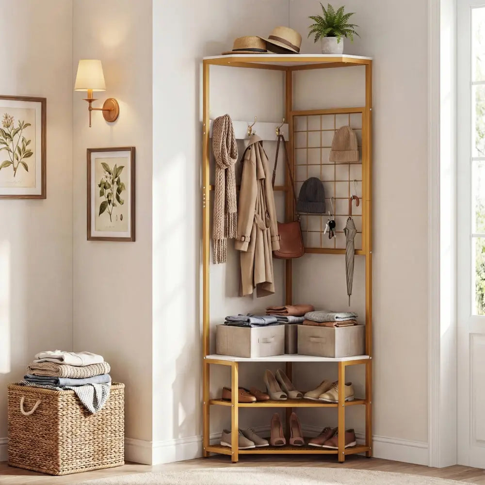 Corner Hall Tree Freestanding Coat Rack with Storage Shelves Removable Hooks-White - White - Coat Racks & Hall Trees