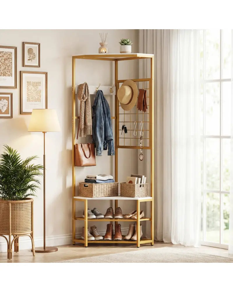 Corner Hall Tree Freestanding Coat Rack with Storage Shelves Removable Hooks-White - White - Coat Racks & Hall Trees