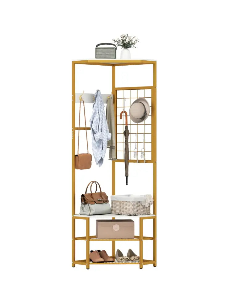 Corner Hall Tree Freestanding Coat Rack with Storage Shelves Removable Hooks-White - White - Coat Racks & Hall Trees