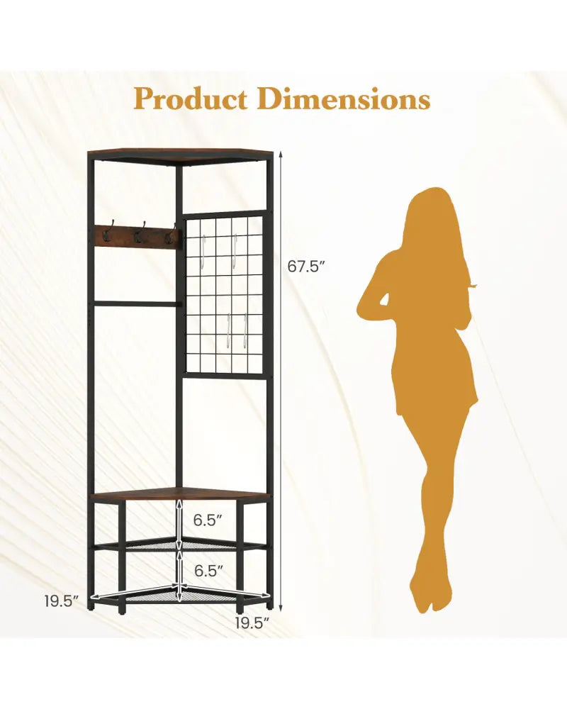 Corner Hall Tree Freestanding Coat Rack with Storage Shelves Removable Hooks-Brown - Brown - Coat Racks & Hall Trees