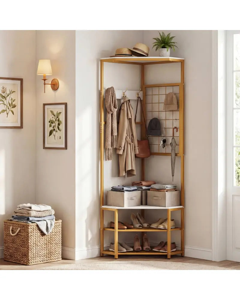 Corner Hall Tree Freestanding Coat Rack with Storage Shelves Removable Hooks-White - White - Coat Racks & Hall Trees
