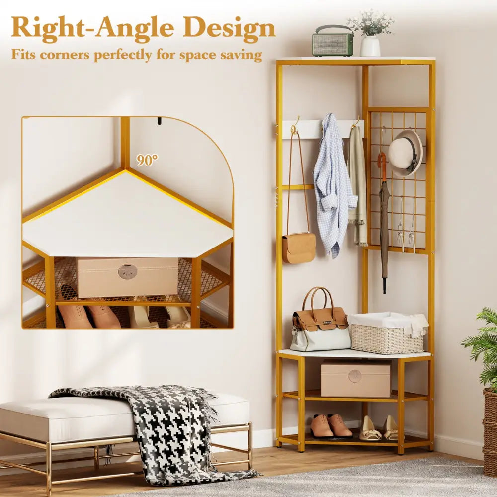 Corner Hall Tree Freestanding Coat Rack with Storage Shelves Removable Hooks-White - White - Coat Racks & Hall Trees