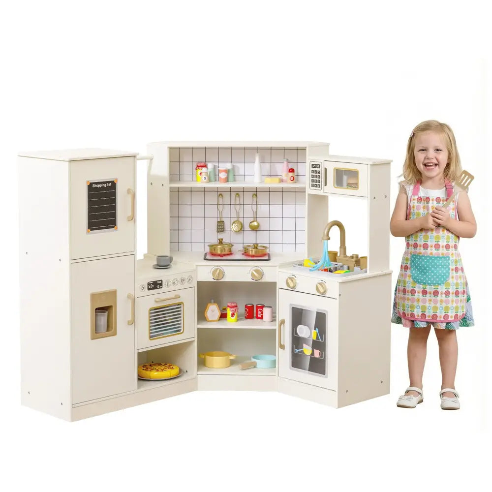 Corner Kids Play Kitchen with Stoves with Lights and Sounds-Beige - Beige - Play Kitchen Sets