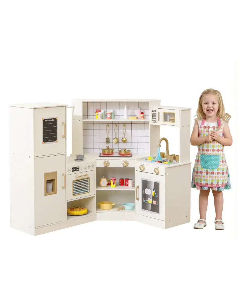 Corner Kids Play Kitchen with Stoves with Lights and Sounds-Beige - Beige - Play Kitchen Sets