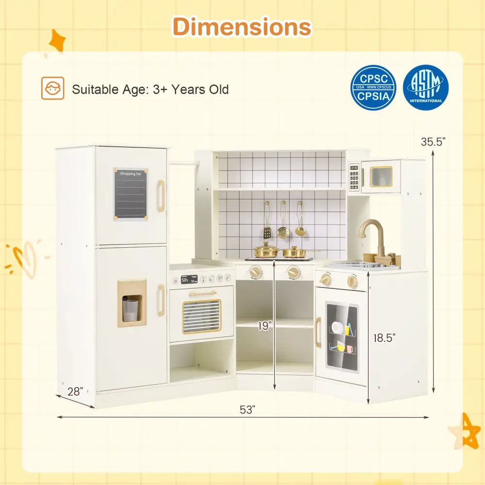 Corner Kids Play Kitchen with Stoves with Lights and Sounds-Beige - Beige - Play Kitchen Sets