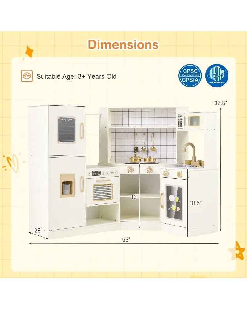 Corner Kids Play Kitchen with Stoves with Lights and Sounds-Beige - Beige - Play Kitchen Sets