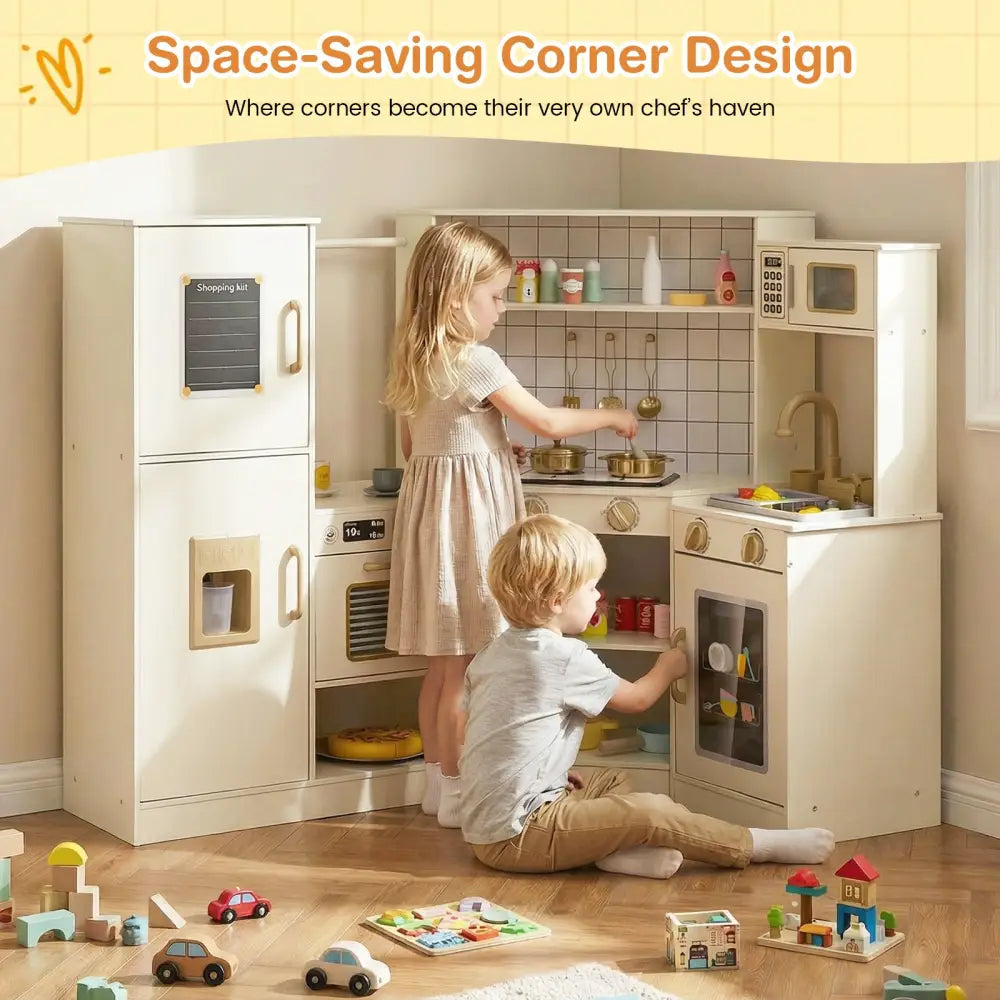 Corner Kids Play Kitchen with Stoves with Lights and Sounds-Beige - Beige - Play Kitchen Sets