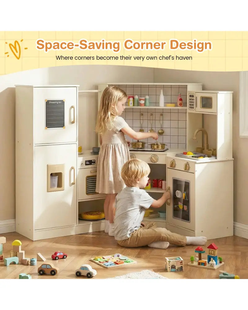Corner Kids Play Kitchen with Stoves with Lights and Sounds-Beige - Beige - Play Kitchen Sets