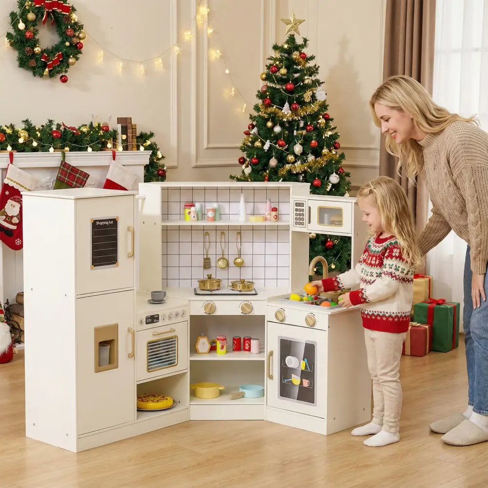 Corner Kids Play Kitchen with Stoves with Lights and Sounds-Beige - Beige - Play Kitchen Sets