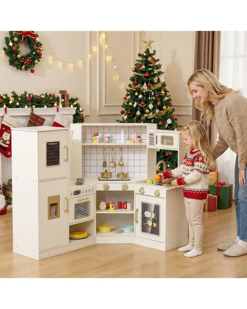 Corner Kids Play Kitchen with Stoves with Lights and Sounds-Beige - Beige - Play Kitchen Sets