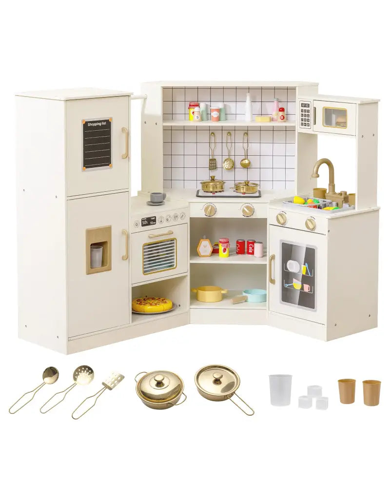 Corner Kids Play Kitchen with Stoves with Lights and Sounds-Beige - Beige - Play Kitchen Sets