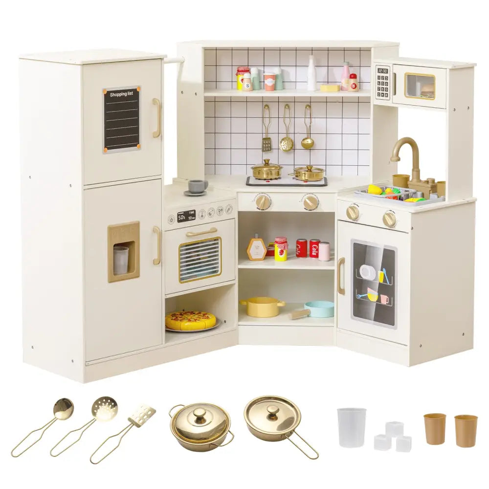 Corner Kids Play Kitchen with Stoves with Lights and Sounds-Beige - Beige - Play Kitchen Sets