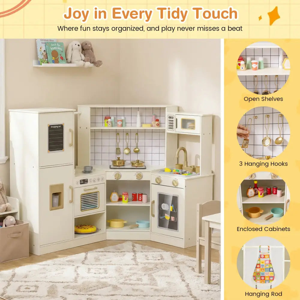 Corner Kids Play Kitchen with Stoves with Lights and Sounds-Beige - Beige - Play Kitchen Sets