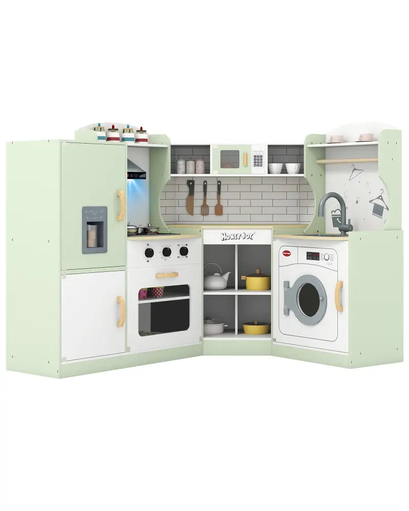 Corner Kids Play Kitchen with Washing Machine and Ice Maker Gift for Boys Girls-Green - Green - Play Kitchen Sets