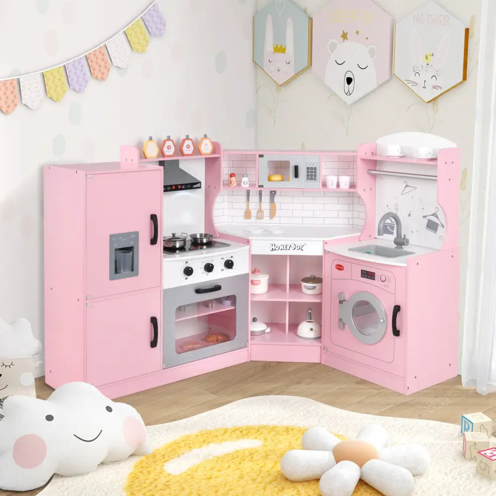 Corner Kids Play Kitchen with Washing Machine and Ice Maker Gift for Boys Girls-Pink - Pink - Play Kitchen Sets