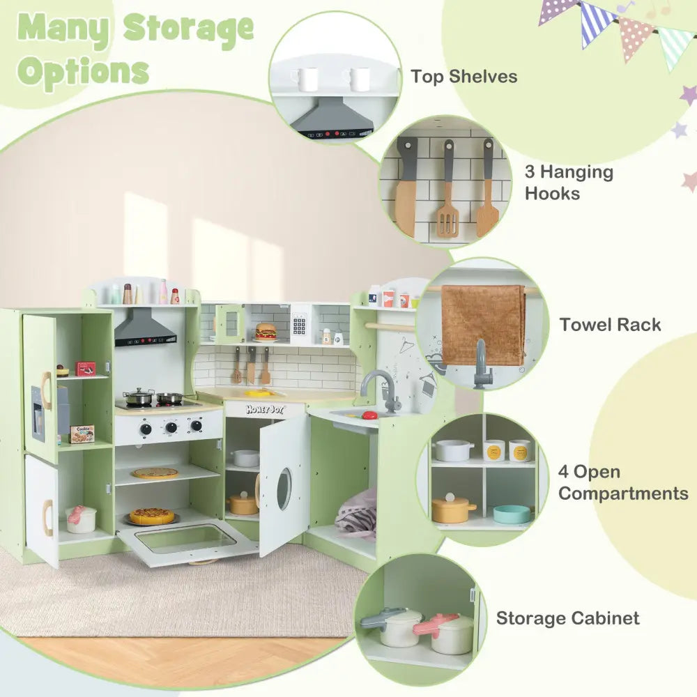 Corner Kids Play Kitchen with Washing Machine and Ice Maker Gift for Boys Girls-Green - Green - Play Kitchen Sets