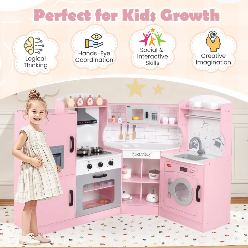 Corner Kids Play Kitchen with Washing Machine and Ice Maker Gift for Boys Girls-Pink - Pink - Play Kitchen Sets
