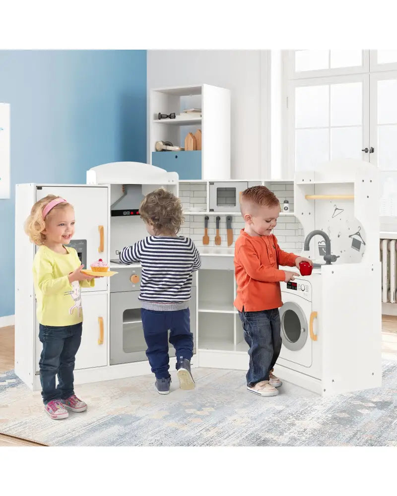 Corner Kids Play Kitchen with Washing Machine and Ice Maker Gift for Boys Girls-White - White - Play Kitchen Sets