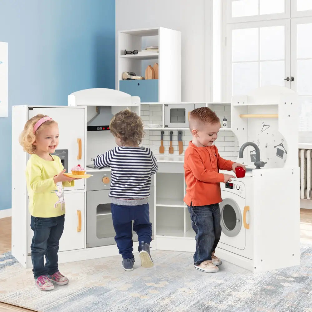 Corner Kids Play Kitchen with Washing Machine and Ice Maker Gift for Boys Girls-White - White - Play Kitchen Sets