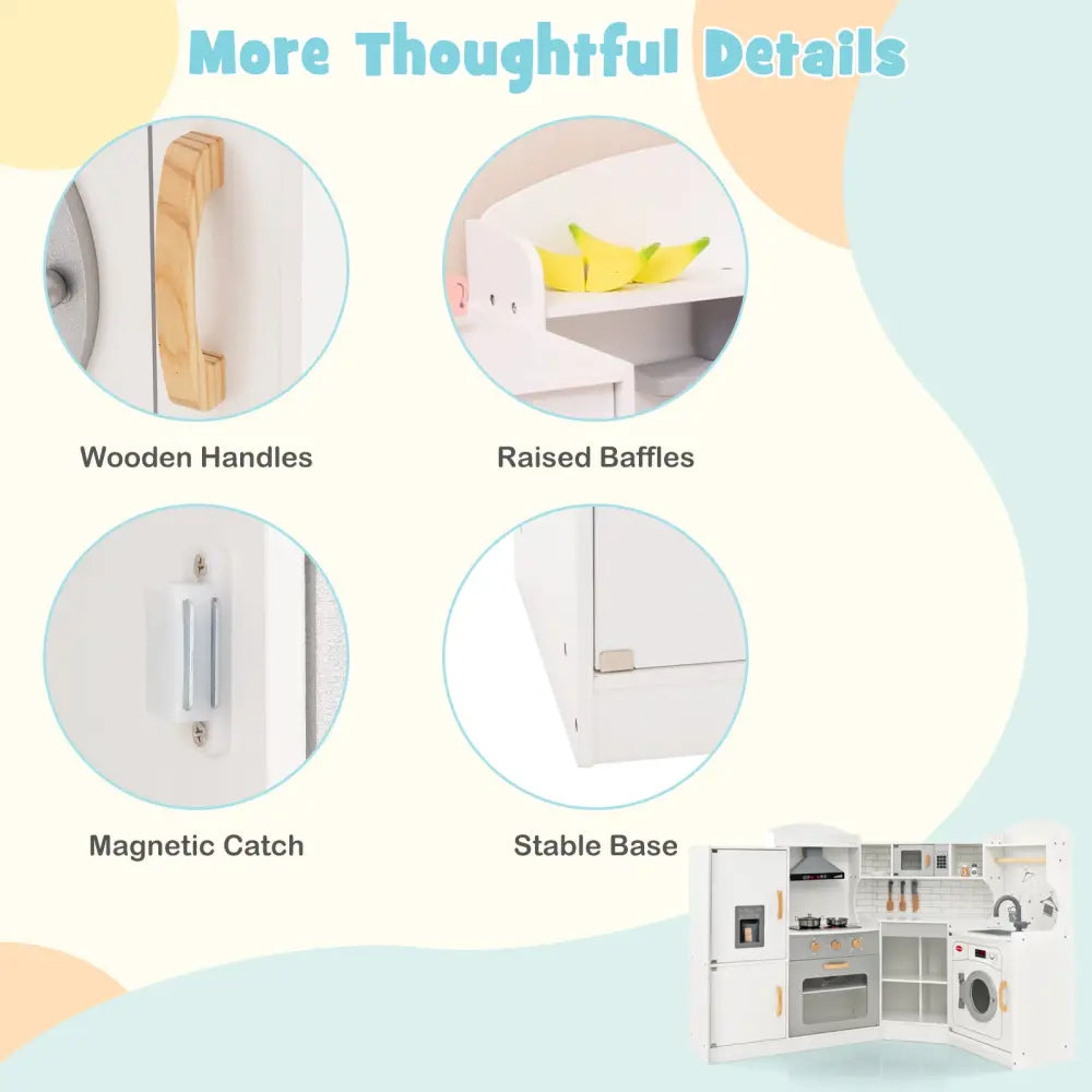 Corner Kids Play Kitchen with Washing Machine and Ice Maker Gift for Boys Girls-White - White - Play Kitchen Sets