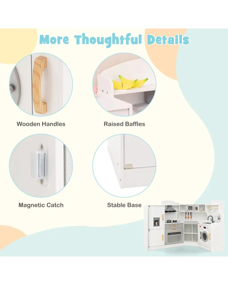 Corner Kids Play Kitchen with Washing Machine and Ice Maker Gift for Boys Girls-White - White - Play Kitchen Sets