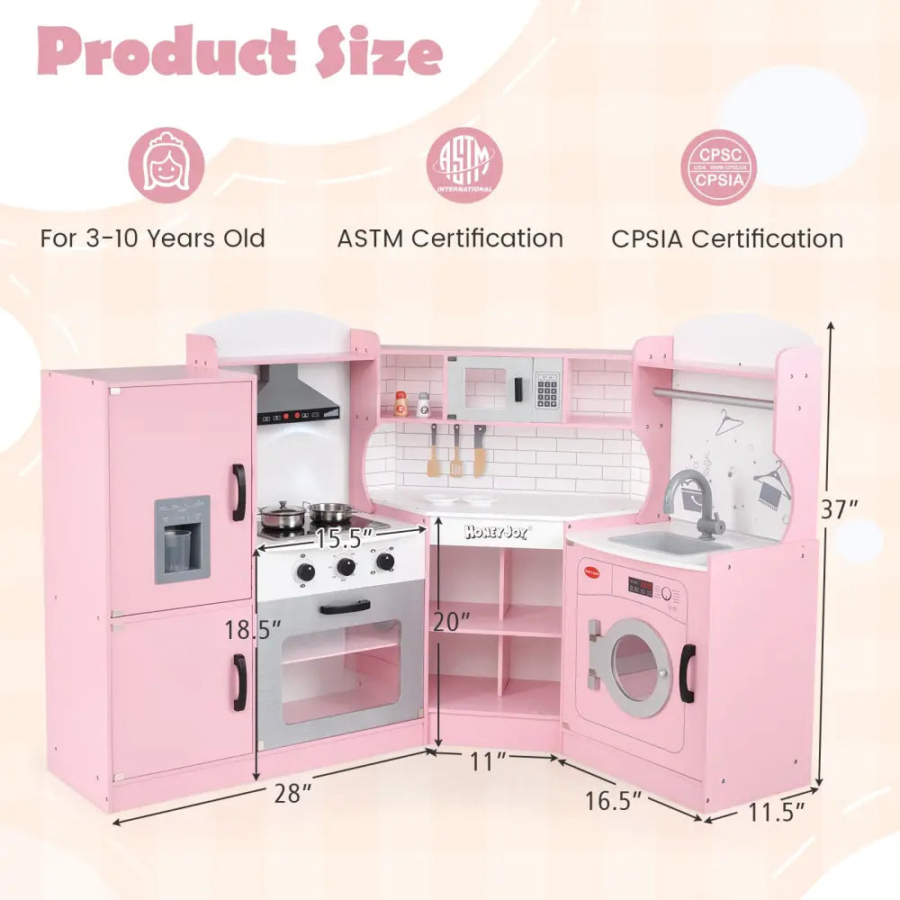 Corner Kids Play Kitchen with Washing Machine and Ice Maker Gift for Boys Girls-Pink - Pink - Play Kitchen Sets