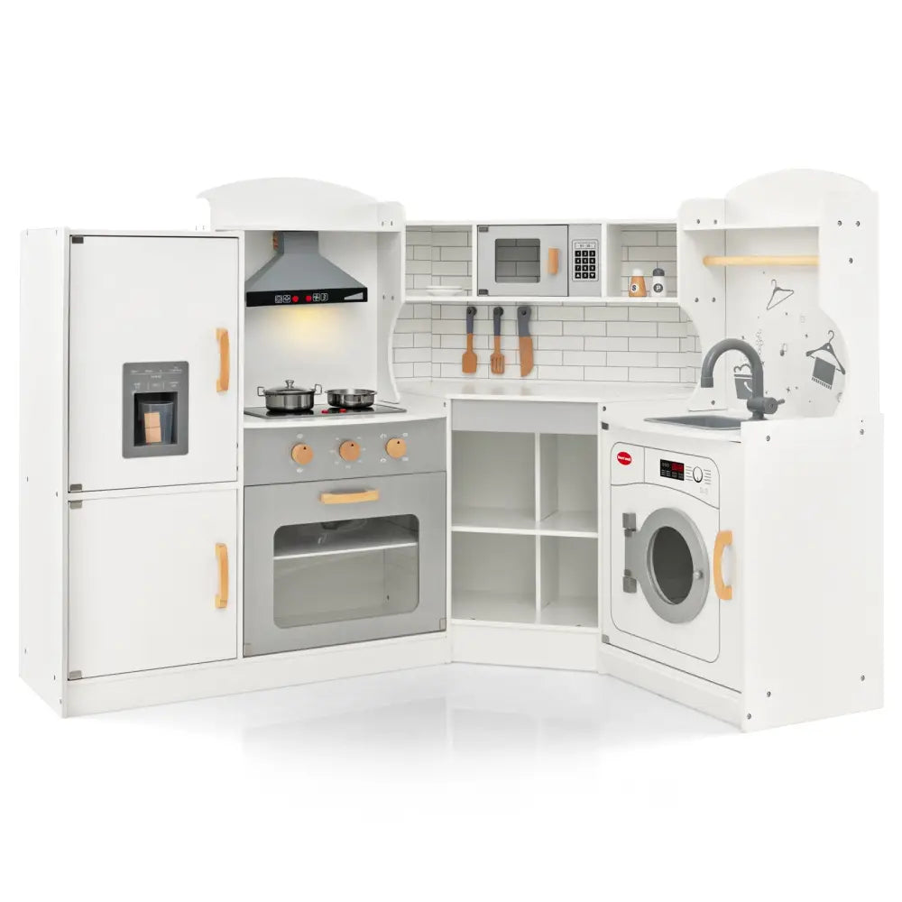 Corner Kids Play Kitchen with Washing Machine and Ice Maker Gift for Boys Girls-White - White - Play Kitchen Sets