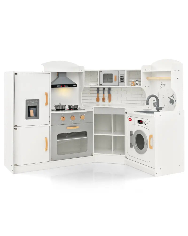 Corner Kids Play Kitchen with Washing Machine and Ice Maker Gift for Boys Girls-White - White - Play Kitchen Sets
