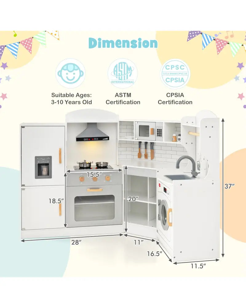 Corner Kids Play Kitchen with Washing Machine and Ice Maker Gift for Boys Girls-White - White - Play Kitchen Sets