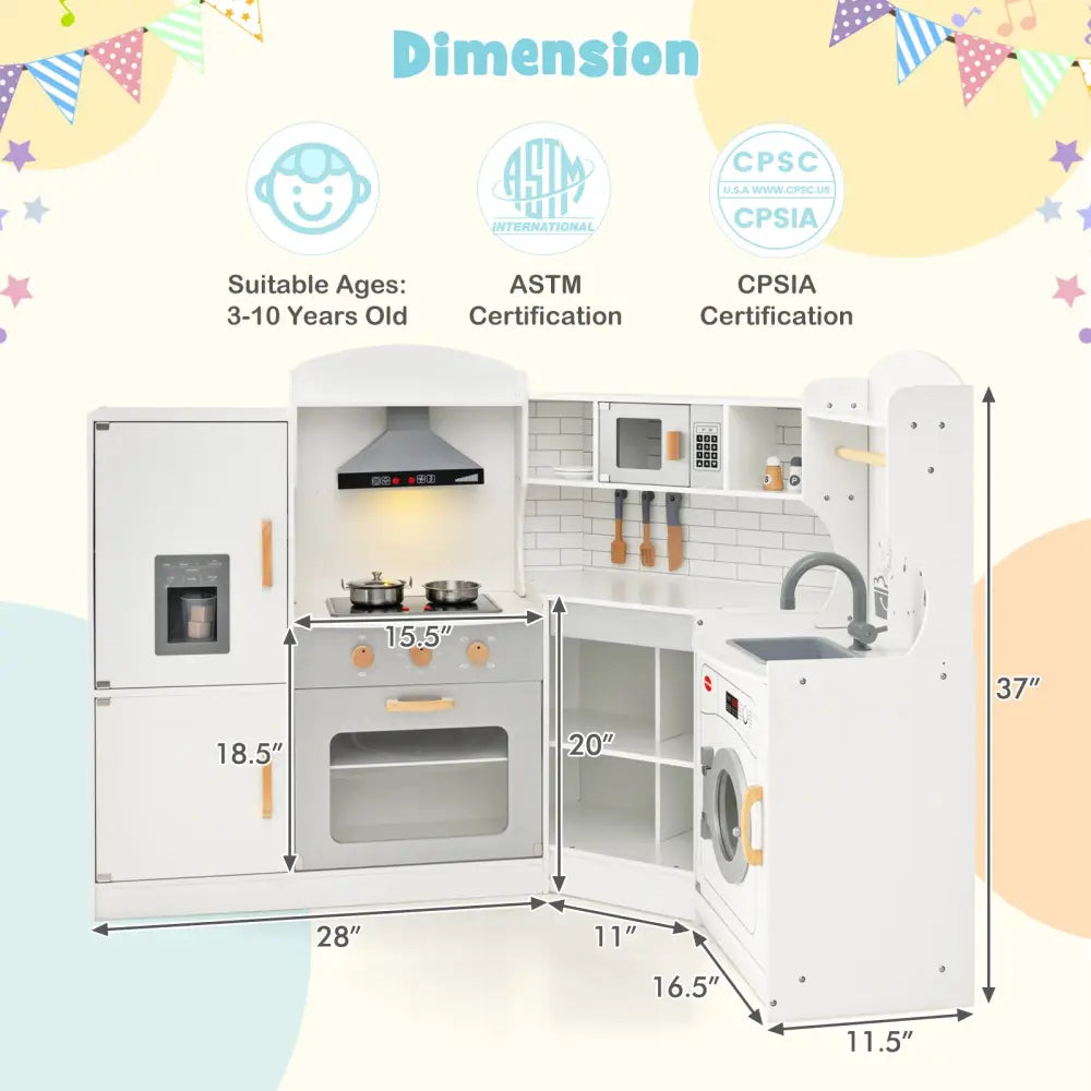 Corner Kids Play Kitchen with Washing Machine and Ice Maker Gift for Boys Girls-White - White - Play Kitchen Sets