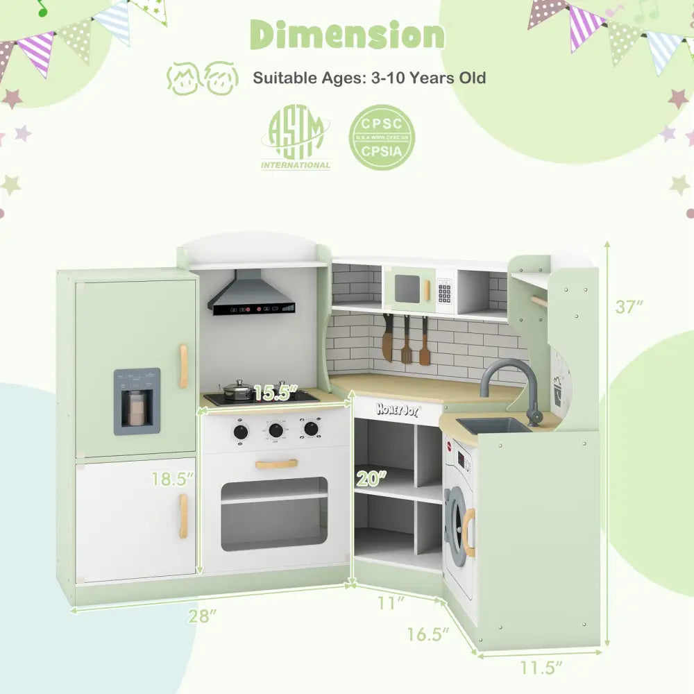 Corner Kids Play Kitchen with Washing Machine and Ice Maker Gift for Boys Girls-Green - Green - Play Kitchen Sets