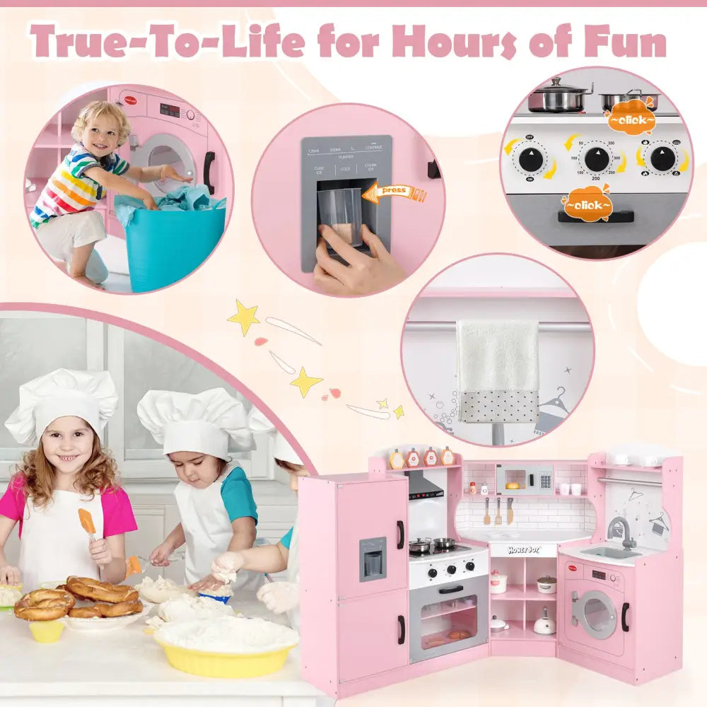 Corner Kids Play Kitchen with Washing Machine and Ice Maker Gift for Boys Girls-Pink - Pink - Play Kitchen Sets