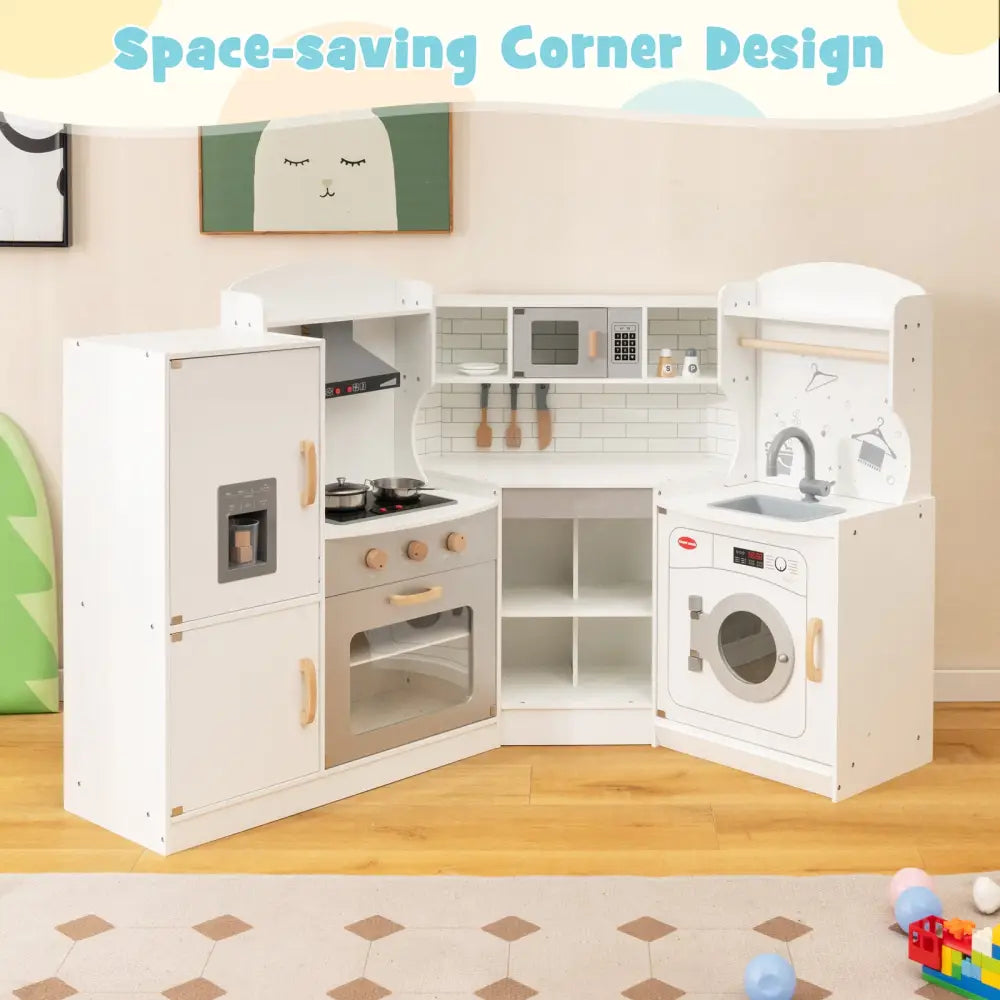 Corner Kids Play Kitchen with Washing Machine and Ice Maker Gift for Boys Girls-White - White - Play Kitchen Sets