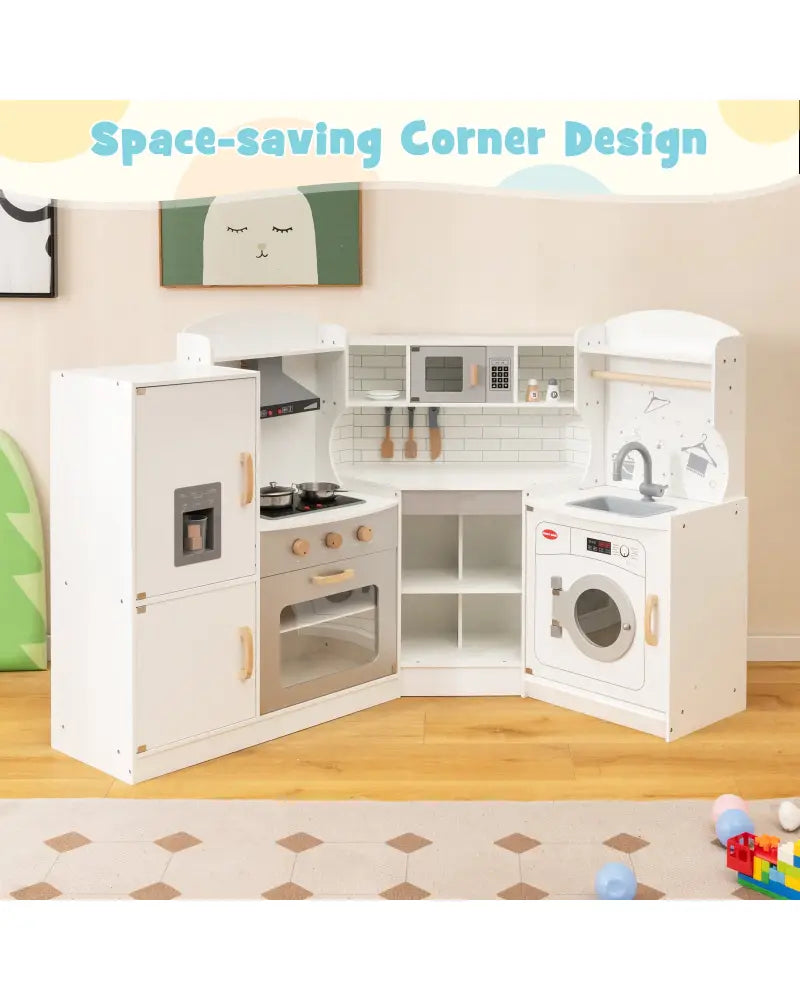 Corner Kids Play Kitchen with Washing Machine and Ice Maker Gift for Boys Girls-White - White - Play Kitchen Sets