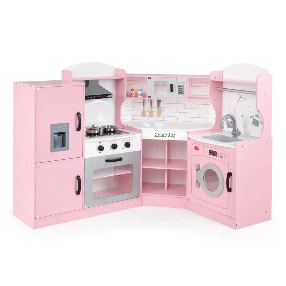 Corner Kids Play Kitchen with Washing Machine and Ice Maker Gift for Boys Girls-Pink - Pink - Play Kitchen Sets