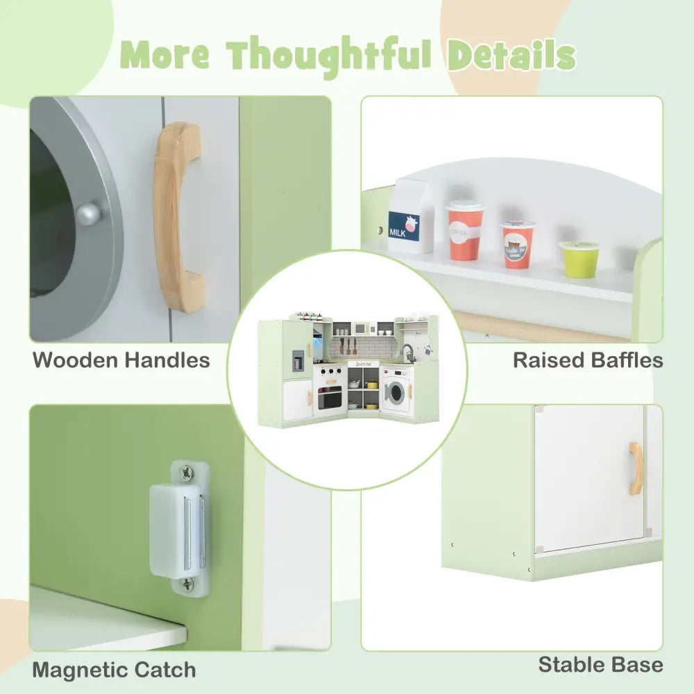 Corner Kids Play Kitchen with Washing Machine and Ice Maker Gift for Boys Girls-Green - Green - Play Kitchen Sets