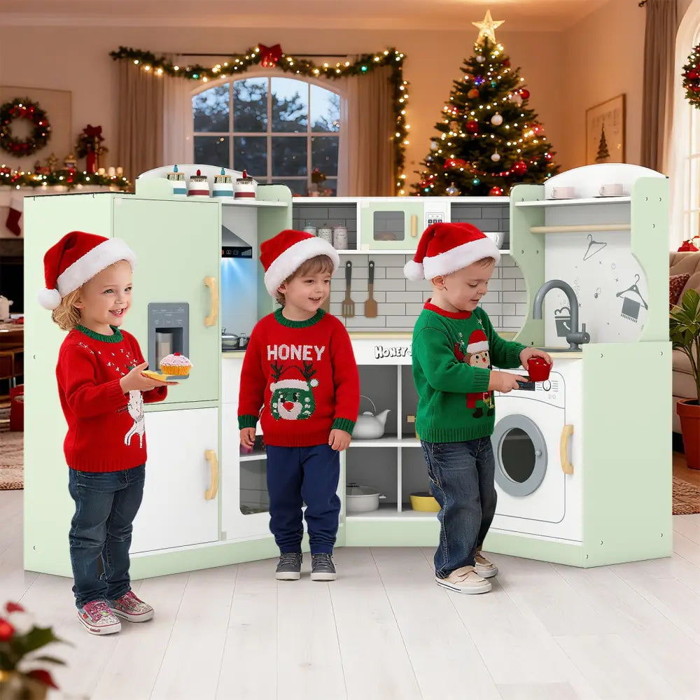 Corner Kids Play Kitchen with Washing Machine and Ice Maker Gift for Boys Girls-Green - Green - Play Kitchen Sets