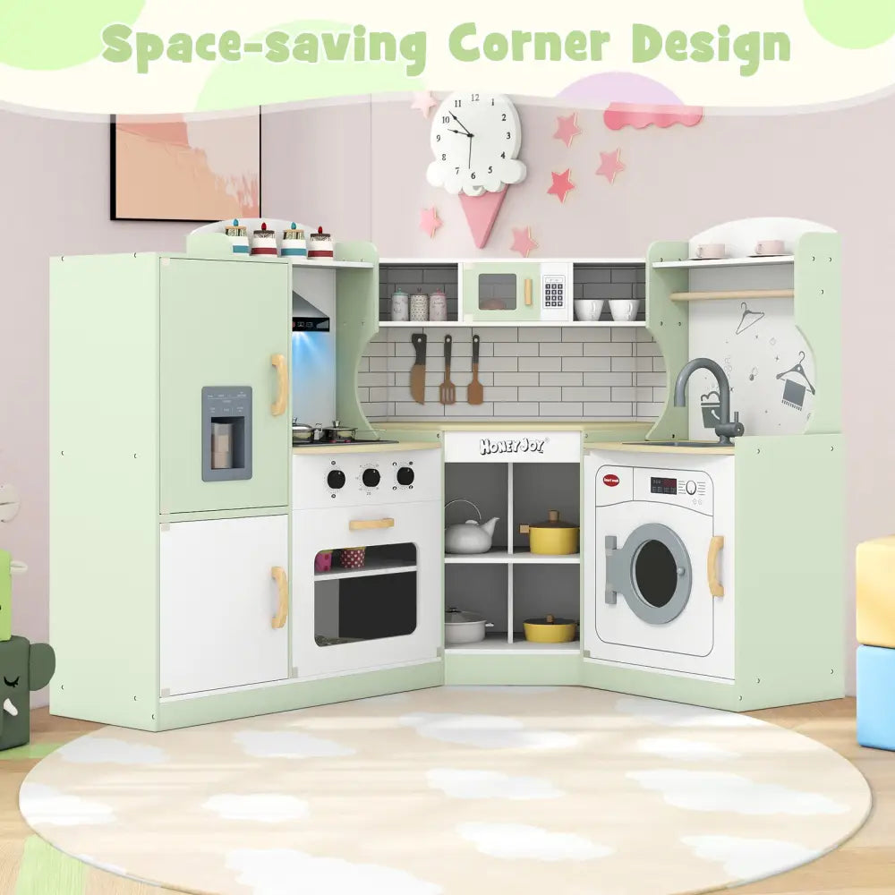 Corner Kids Play Kitchen with Washing Machine and Ice Maker Gift for Boys Girls-Green - Green - Play Kitchen Sets
