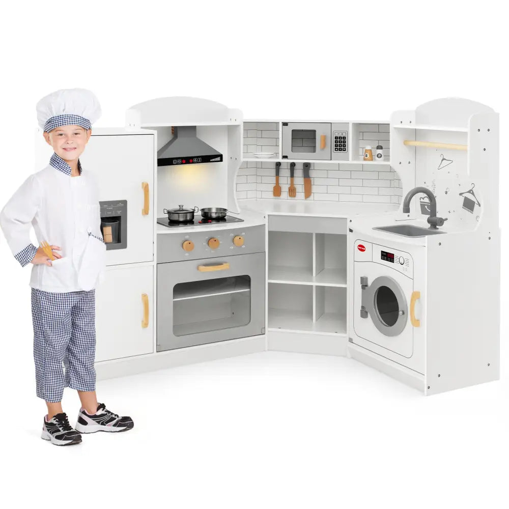 Corner Kids Play Kitchen with Washing Machine and Ice Maker Gift for Boys Girls-White - White - Play Kitchen Sets