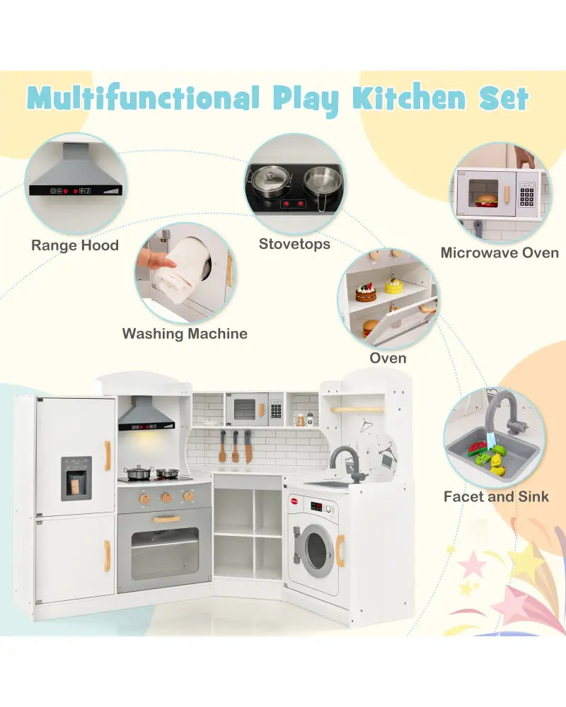 Corner Kids Play Kitchen with Washing Machine and Ice Maker Gift for Boys Girls-White - White - Play Kitchen Sets