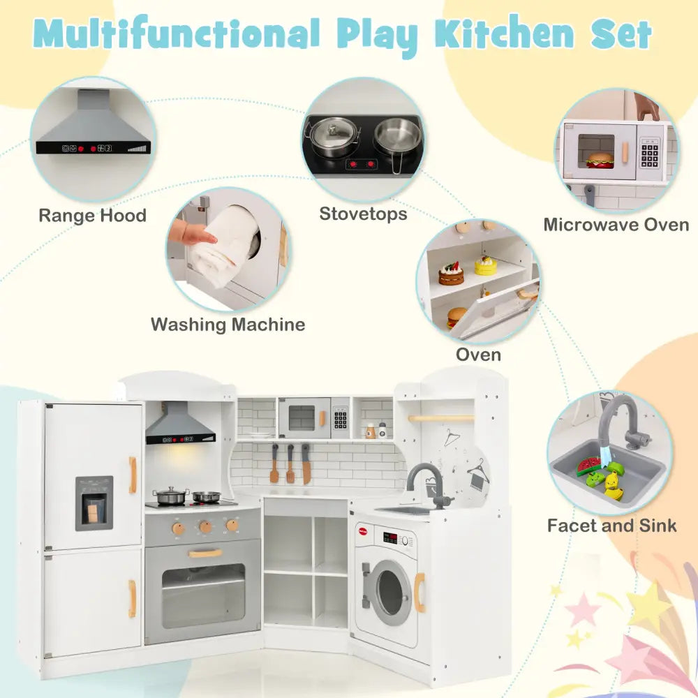 Corner Kids Play Kitchen with Washing Machine and Ice Maker Gift for Boys Girls-White - White - Play Kitchen Sets