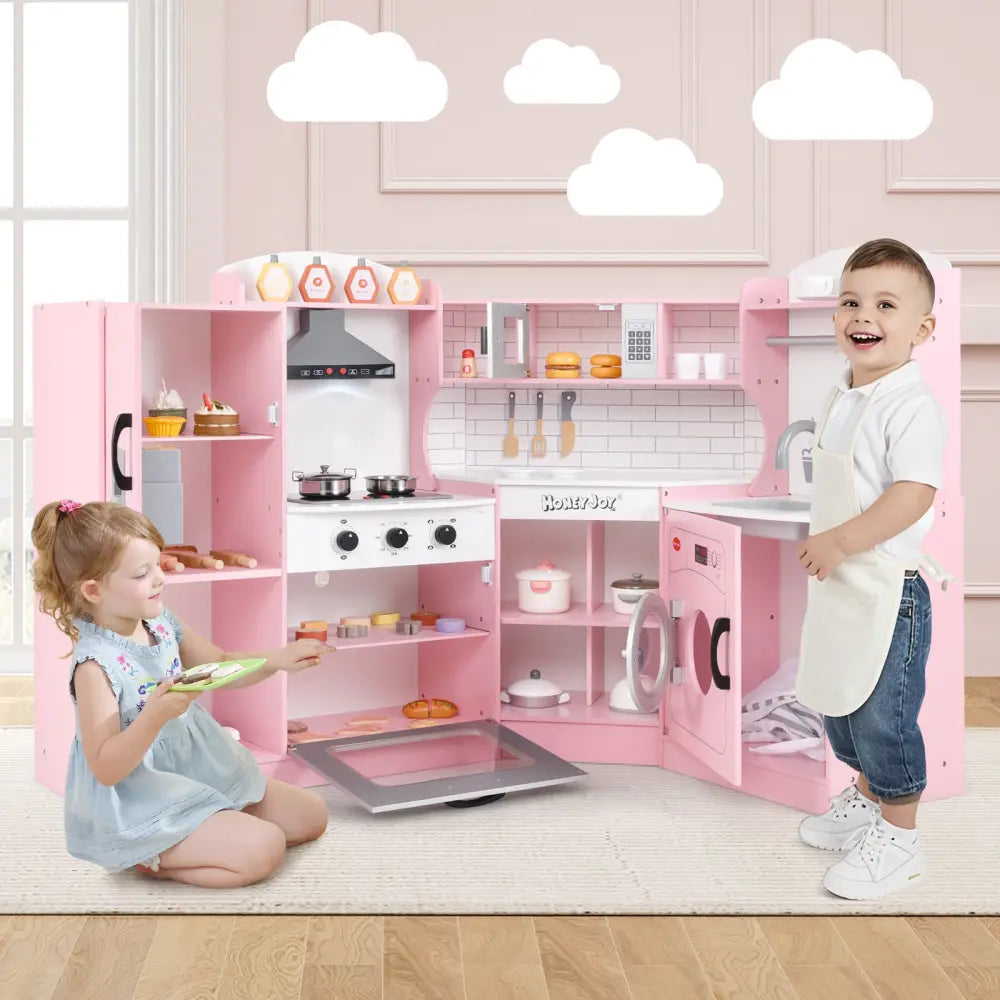 Corner Kids Play Kitchen with Washing Machine and Ice Maker Gift for Boys Girls-Pink - Pink - Play Kitchen Sets