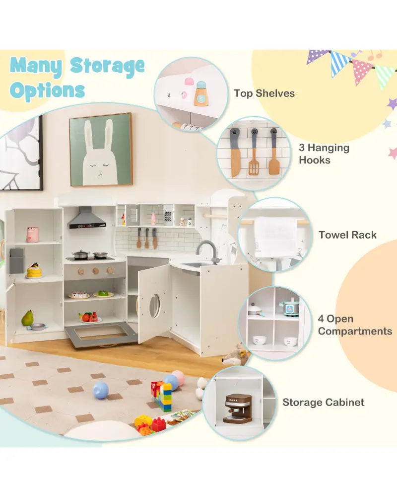 Corner Kids Play Kitchen with Washing Machine and Ice Maker Gift for Boys Girls-White - White - Play Kitchen Sets