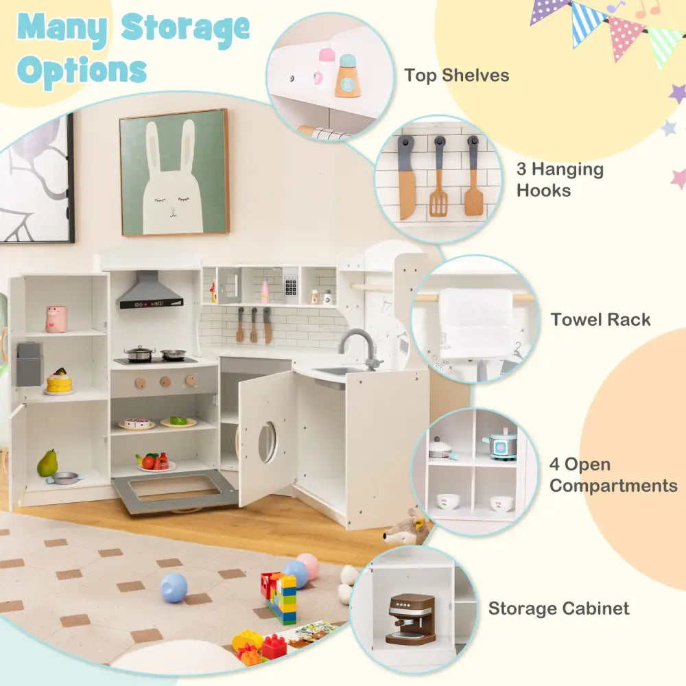 Corner Kids Play Kitchen with Washing Machine and Ice Maker Gift for Boys Girls-White - White - Play Kitchen Sets