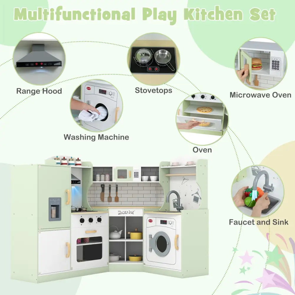 Corner Kids Play Kitchen with Washing Machine and Ice Maker Gift for Boys Girls-Green - Green - Play Kitchen Sets