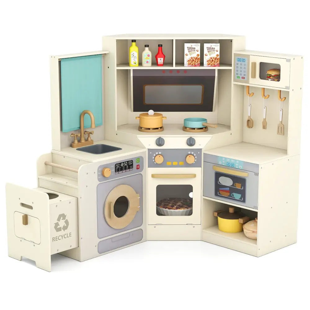 Corner Kitchen Toys with Lights and Sounds with Pull-out Trash Can and Stoves-Off White - Off White - Play Kitchen Sets