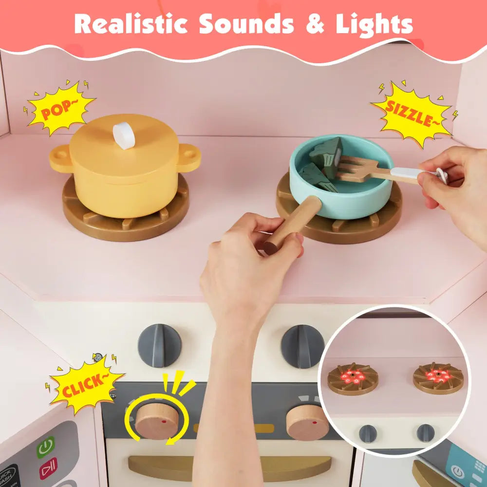 Corner Kitchen Toys with Lights and Sounds with Pull-out Trash Can and Stoves-Pink - Pink - Play Kitchen Sets