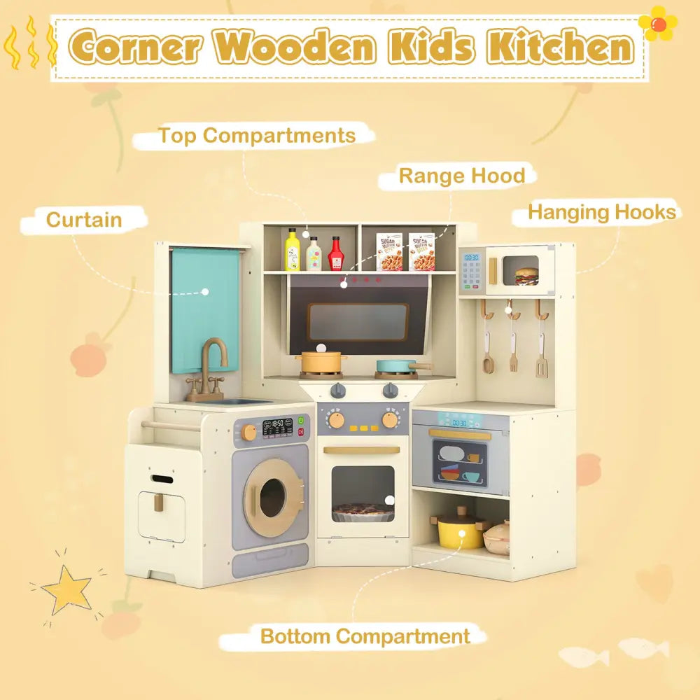 Corner Kitchen Toys with Lights and Sounds with Pull-out Trash Can and Stoves-Off White - Off White - Play Kitchen Sets