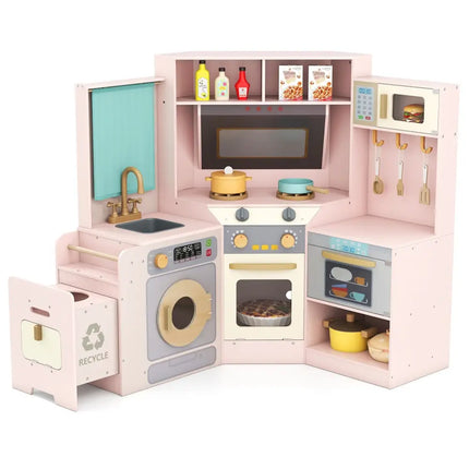 Corner Kitchen Toys with Lights and Sounds with Pull-out Trash Can and Stoves-Pink - Pink - Play Kitchen Sets