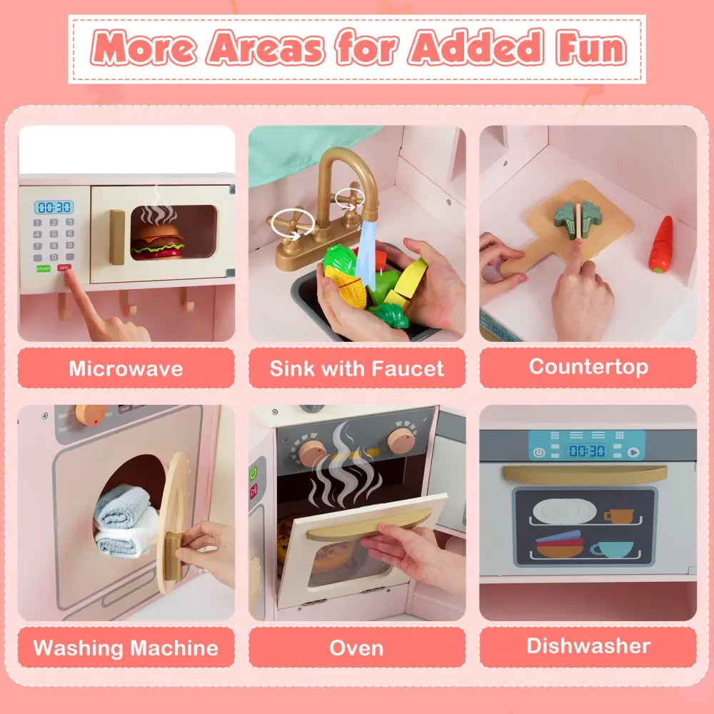Corner Kitchen Toys with Lights and Sounds with Pull-out Trash Can and Stoves-Pink - Pink - Play Kitchen Sets